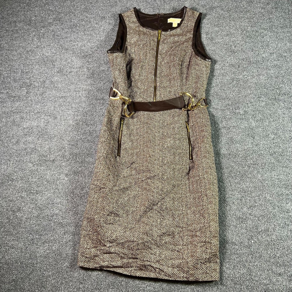 Michael Kors Brown Herringbone Belted Sheath Dress Womens 4 Sleeveless Modest